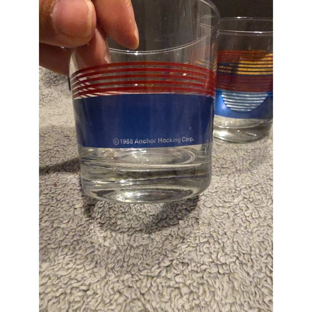 VINTAGE 1988 ANCHOR HOCKING WHISKEY GLASSES 3.5" Gold Red Blue Set Of 3 - Picture 4 of 5